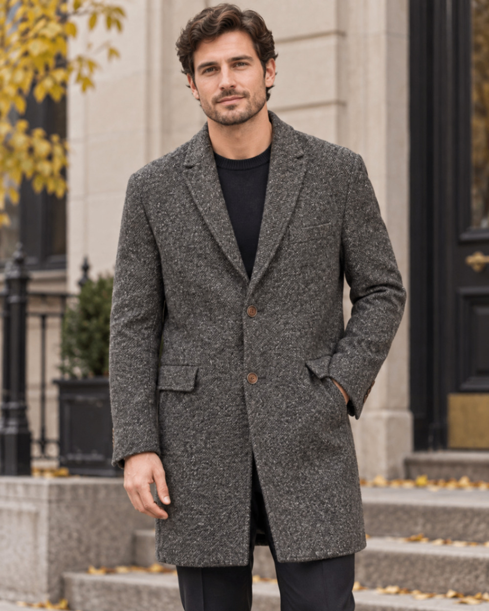 Nifty Genius Mens Medium Charcoal Tweed Coat Wool Blend Single Breasted Overcoat